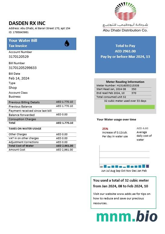 Zjednoczone Emiraty Arabskie Abu Dhabi Distribution water rachunek za usługi komunalne szablon w formacie Word i PDF